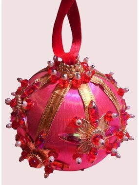 Bubblegum Pink Pin Push Ornament With Beads Sequins & Gold Red Accents